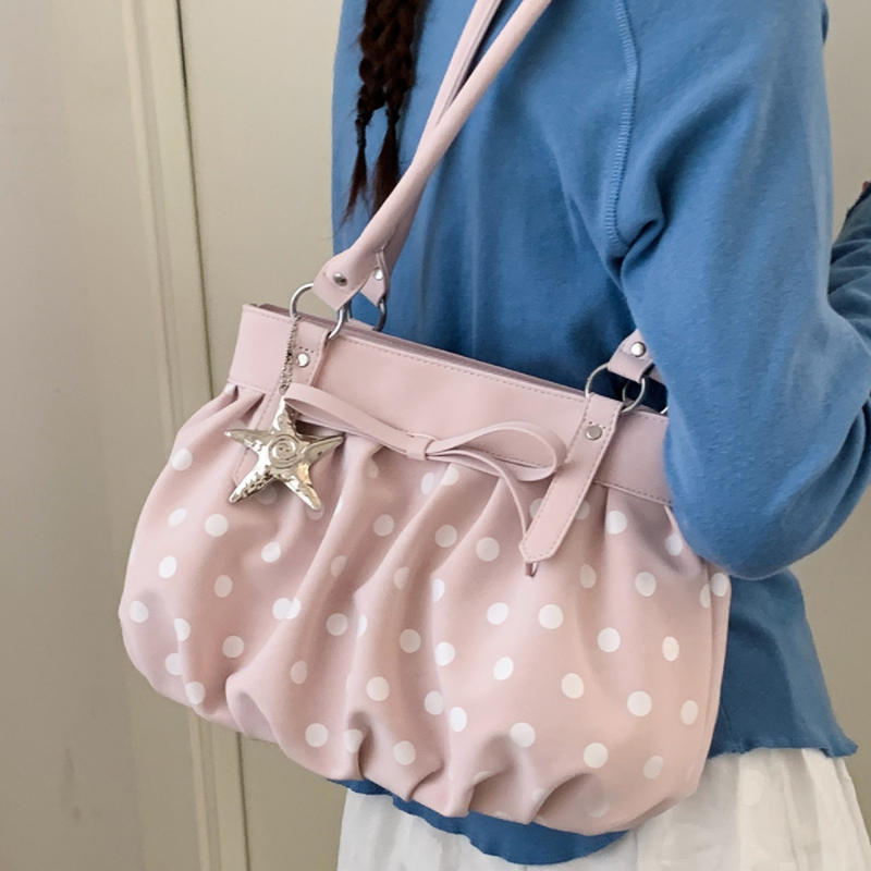 Polka Dot Ruched Shoulder Bag With Star Pendant Women Bow Decor Large Capacity Hobo Bag Retro Versatile Handbag For Daily Commut