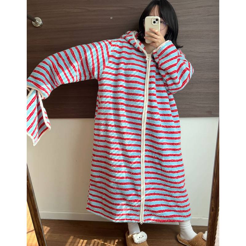 Women's Striped Fleece Hooded Robe, Thickened Warm Flannel Coral Velvet Loungewear Pajama Sets