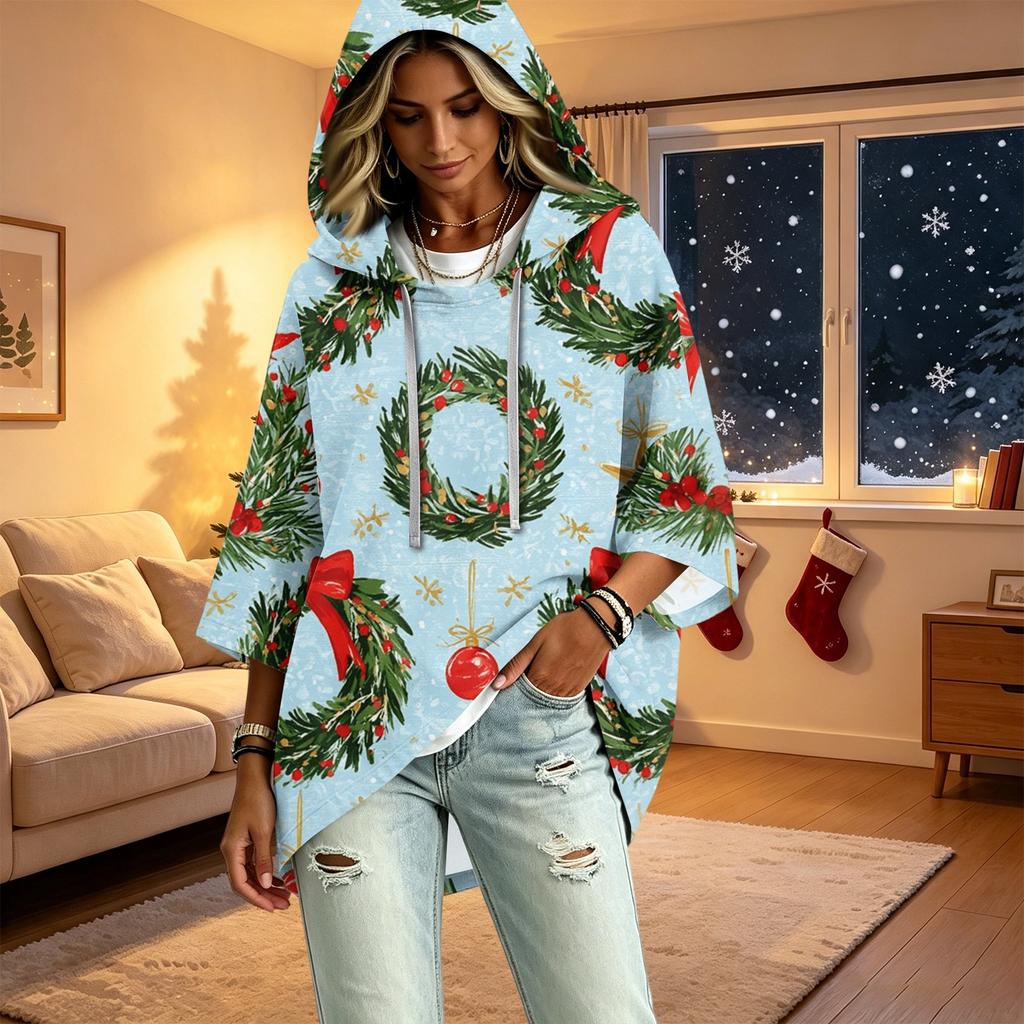 Women's Fashion Christmas Print Hooded Pullover Top, 3/4 Sleeve Casual Tunic