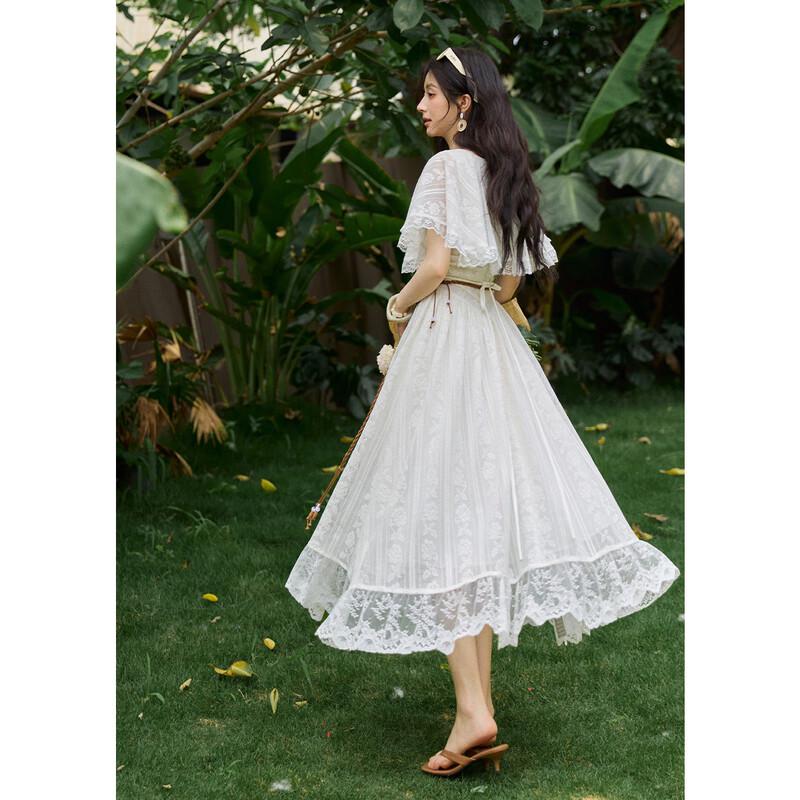 French Resort Flutter Sleeve Lace A-Line Dress