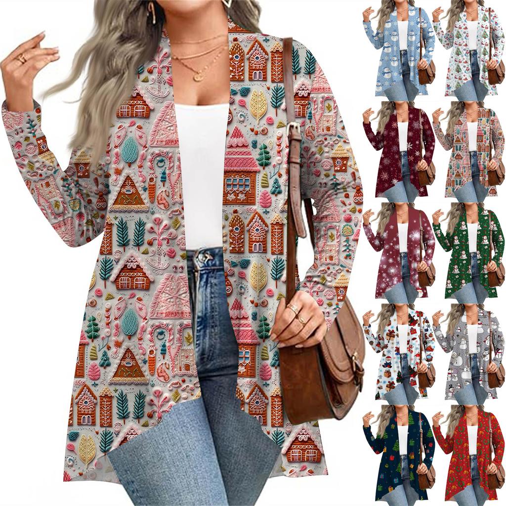 Women's Fall And Winter Fashion Casual Print Long Sleeve Mid-Length Cardigan Jacket