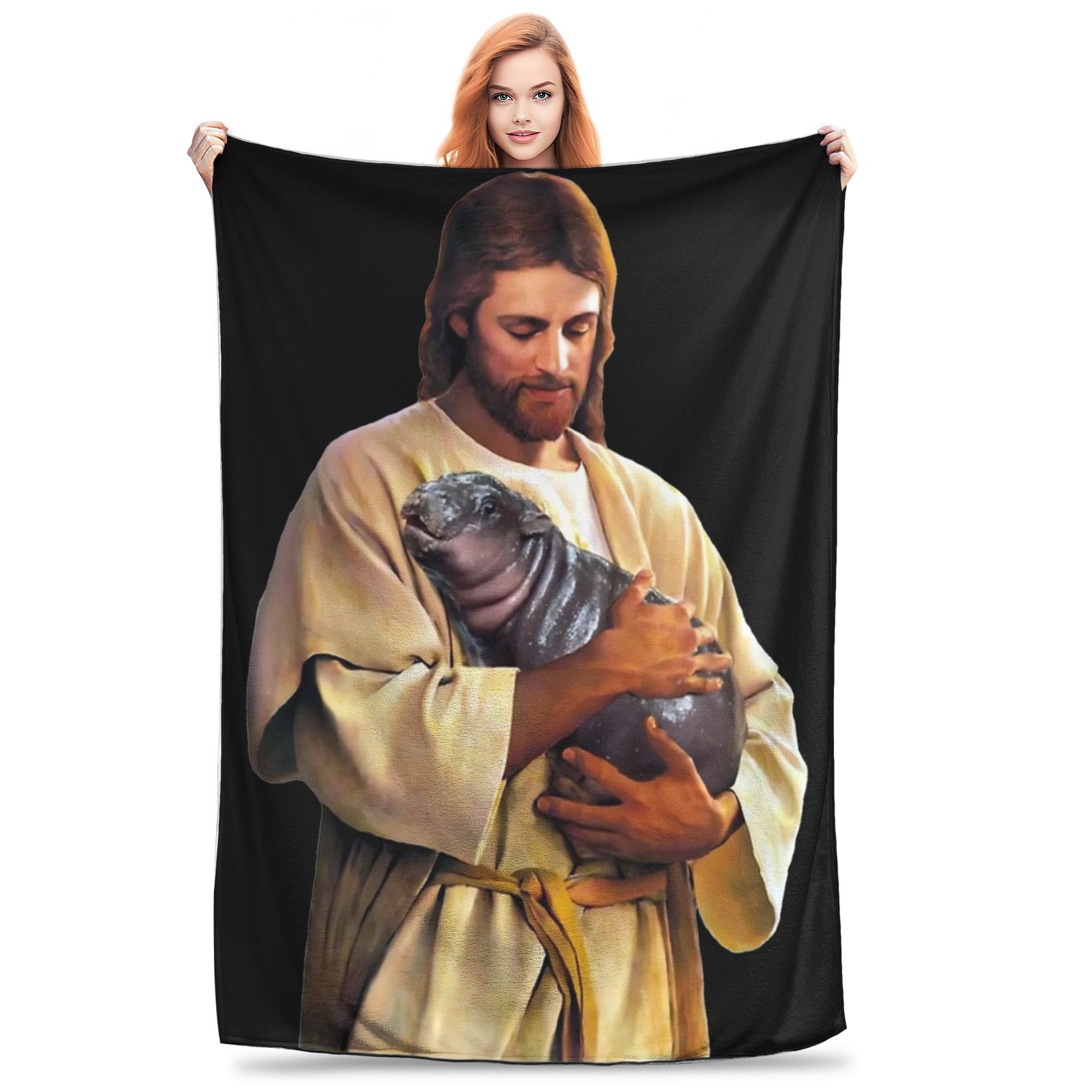 

Jesus Carrying Moo Deng Throw Blanket for Couch Hippo Baby Animals Fuzzy Soft Plush Blanket 50x60 Inches Multi-size Bedspreads 30x40in