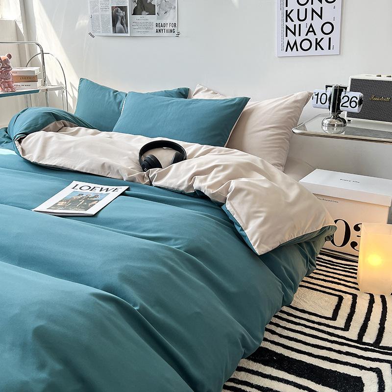 Solid-color Japanese Pure Cotton Four-piece Bed Cover Set with Double-sided Washed Cotton Bed Sheets and Quilt Cover