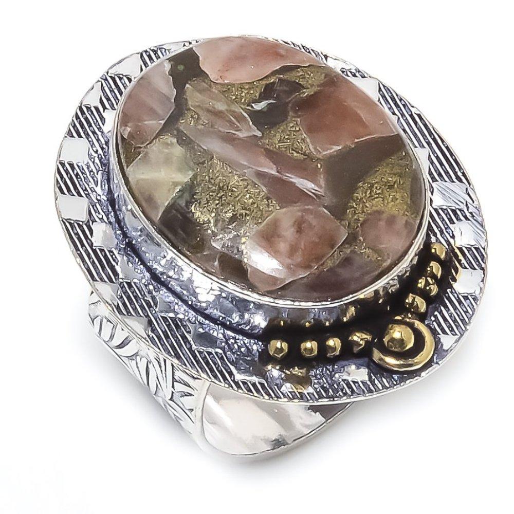 

Copper Sunstone 925 Sterling Silver Jewelry Two Tone Ring Size 7.5 v8G18