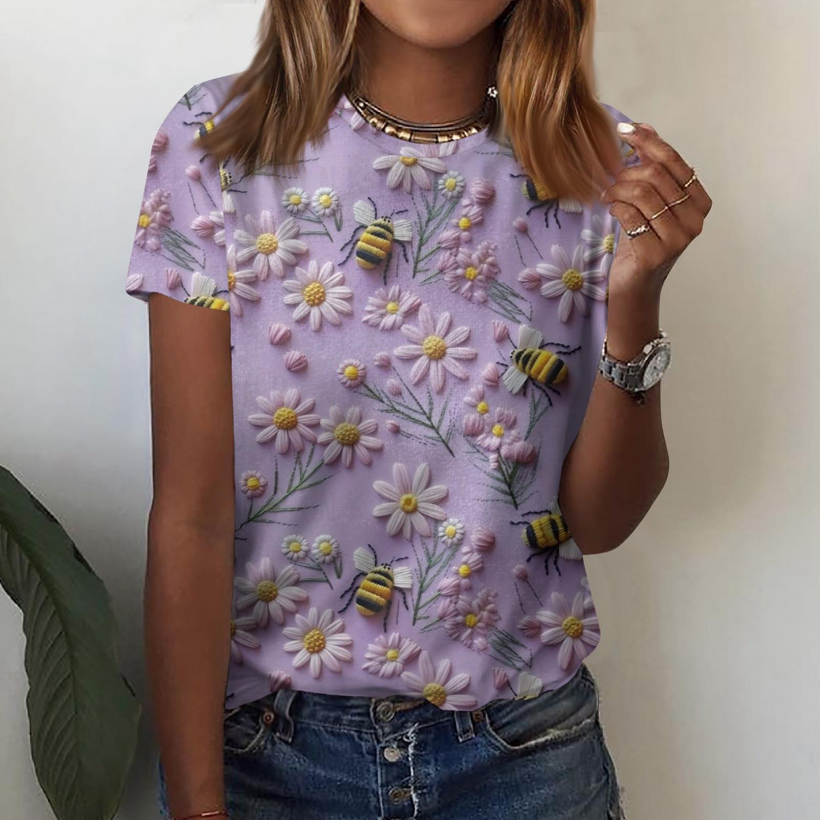 

Женская футболка с короткими рукавами и круглым вырезом, модная футболка с цветочным принтом подсолнечника и пчелы, повседневный топ, топ с короткими рукавами реглан XL фиолетовый