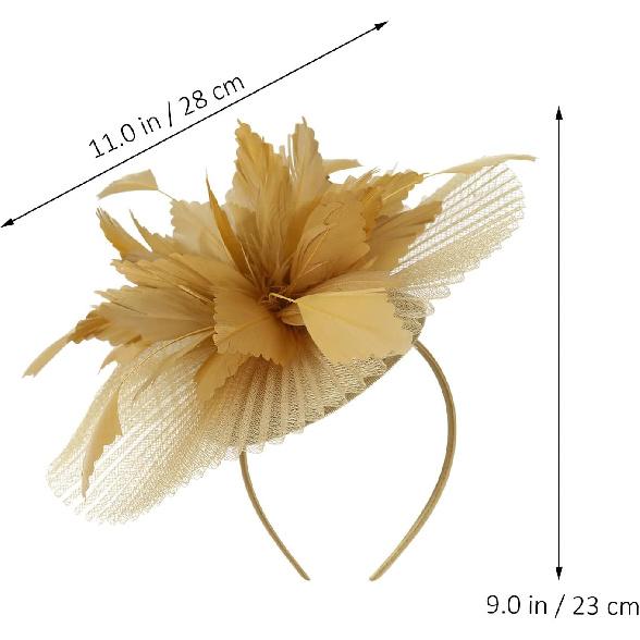 Hemobllo Voile en Maille de Mariée Hauts Chapeau avec Plume, Headpiece en Maille Dorée pour Femmes Mariage Fête du Thé, Accessoire pour Occasion Spéciale