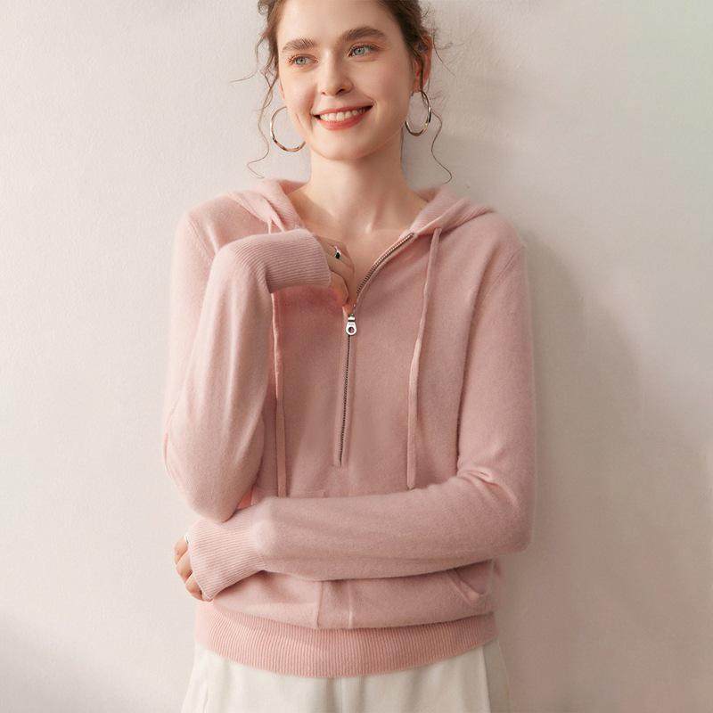 Thick Zippered Hooded Women's Cashmere Sweater - 2025 Autumn/Winter Collection: Solid Color, Elegant, Simple, Casual Wool Knit Outerwear