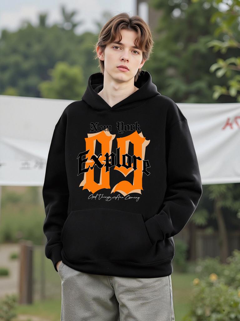 New York Explore Letter Creative Print Men Street Basic Hoodies Warm Soft Sweatshirts Casual Loose Top Fleece Trendy Man Clothes