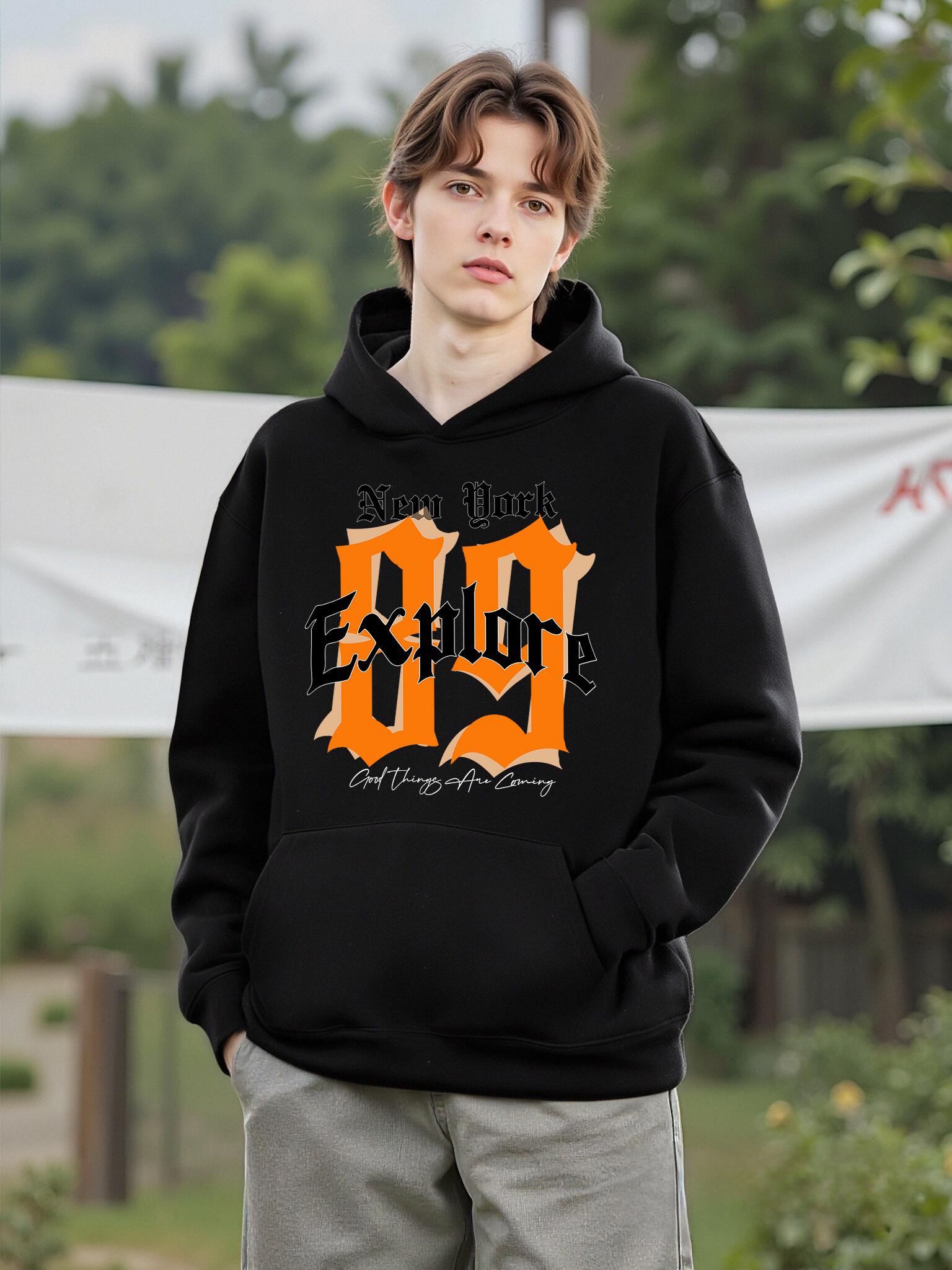 

New York Explore Letter Creative Print Men Street Basic Hoodies Warm Soft Sweatshirts Casual Loose Top Fleece Trendy Man Clothes 2XL