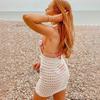 New Arrival Beach Sunscreen Blouse Knitted Hollow Solid Color Halter Neck Backless Beach Skirt for Women