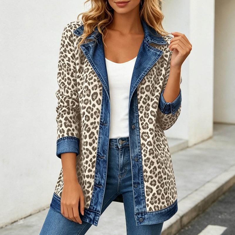Damen Leopardenmuster Denimjacke Langarm Lockerer Schnitt Lässig Offene Vorderseite Hemdkragen Streetwear Mantel