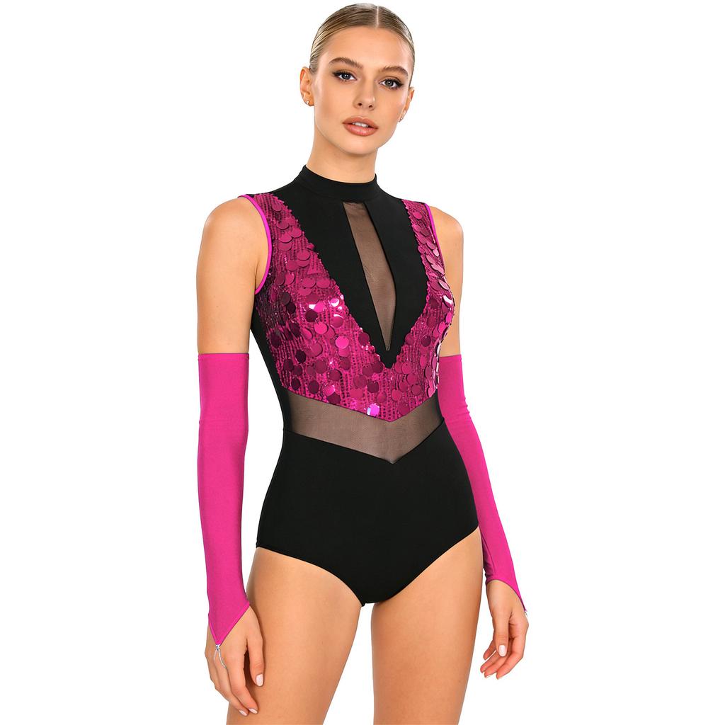 Women Shiny Sequin Leotard Gymnastics Dance Performance Outfit Mock Neck Sleeveless Sheer Mesh Waist Cutout Back Bodysuit