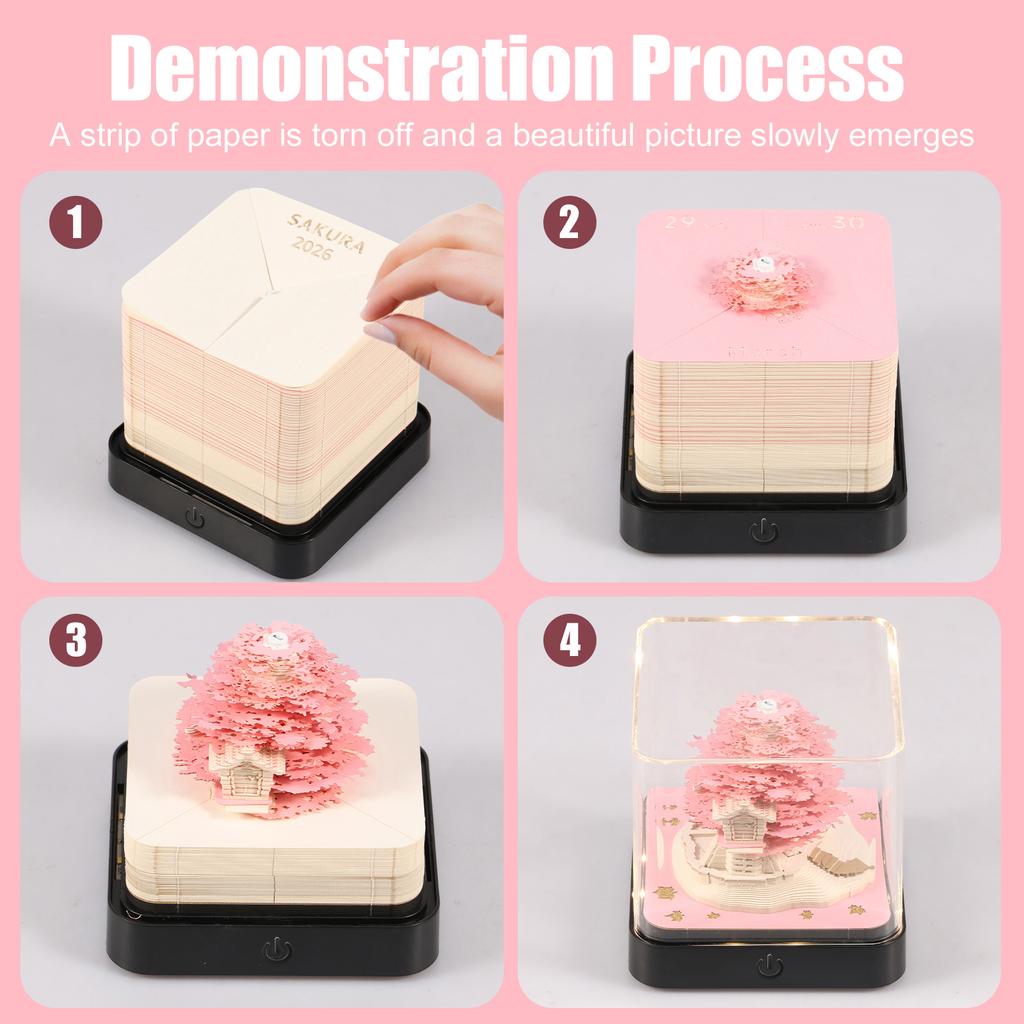 2026 Calendar 3D Notepad Creative 3D Three-Dimensional Note Book with LED Light and Acrylic Box for Desk Office Home Decoration