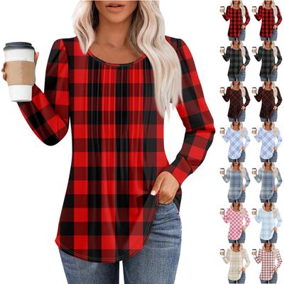 Women's Fashion Casual Pleated Round Neck Printed Long Sleeve T-Shirt Top