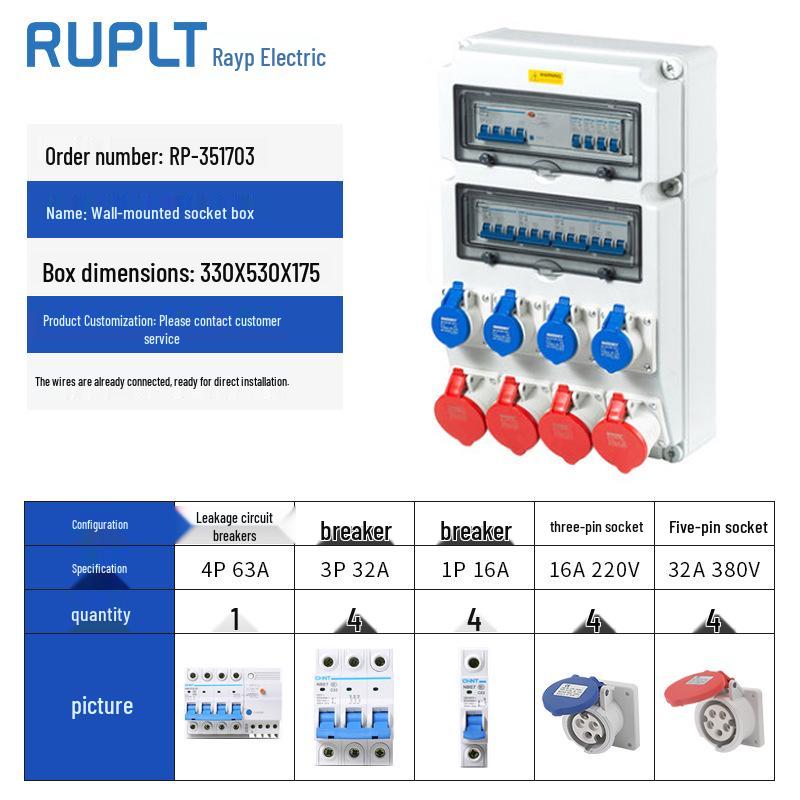 Wall-Mounted IP65 Waterproof Industrial Socket Box - Assembled Industrial-Grade Wiring and Distribution Box