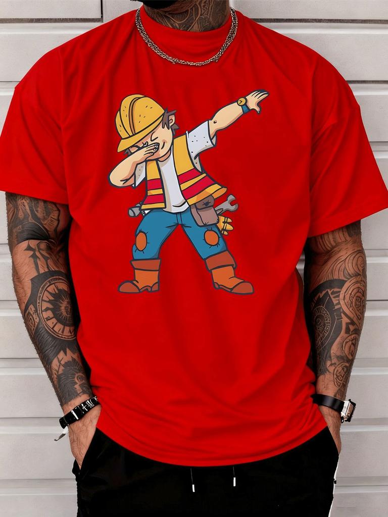 Unisexs White Summer Short Sleeve Tee Funny Dabbing Construction Worker Cartoon Print Crew Neck Loose Casual Streetwear Fashion Top