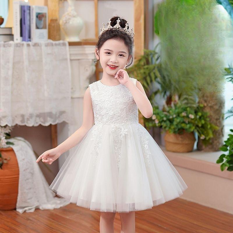 Girls Princess Dress White Tulle Sleeveless Party Kids Cute Sweet A-Line