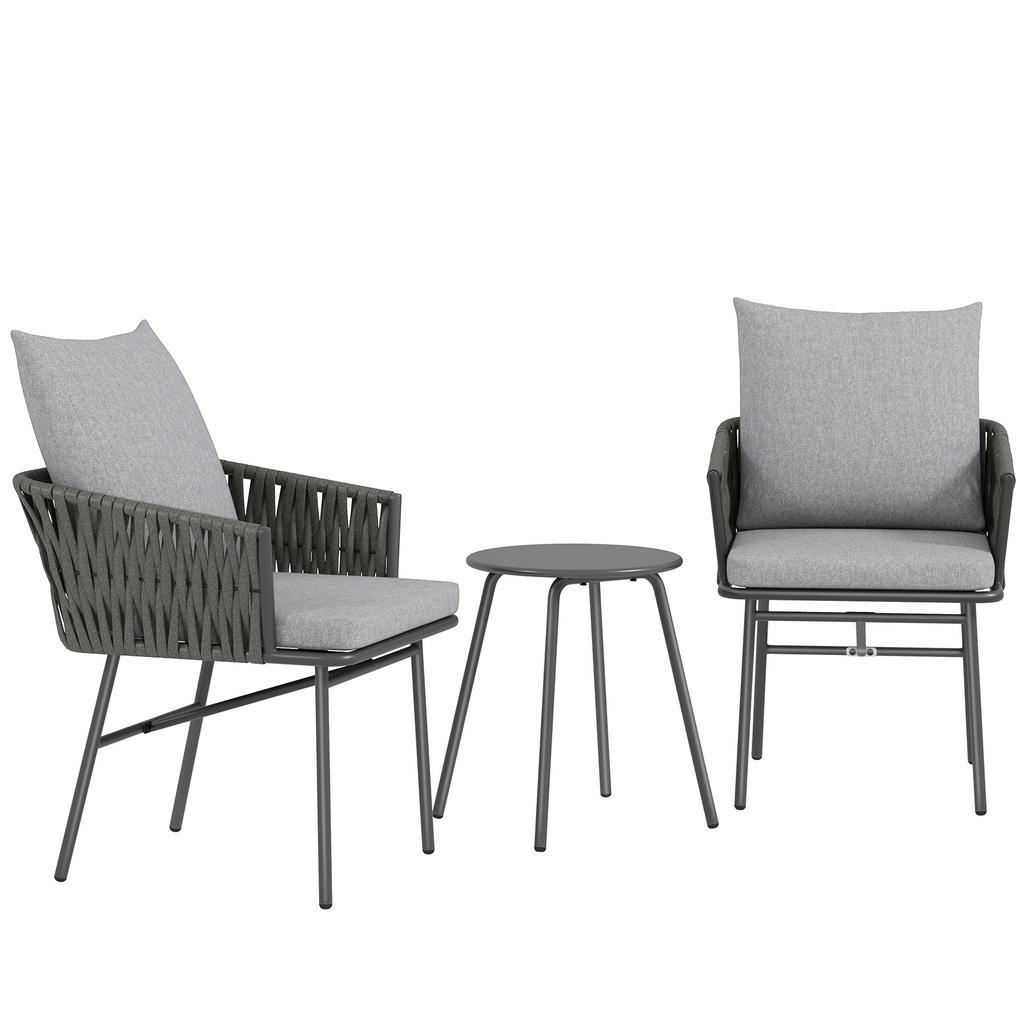 3-Piece Rattan Bistro Set, Garden Table and Chairs with 4 Cushions, Patio Rattan Conversation Furniture Set for Balcony, Porch, Terrace, Grey