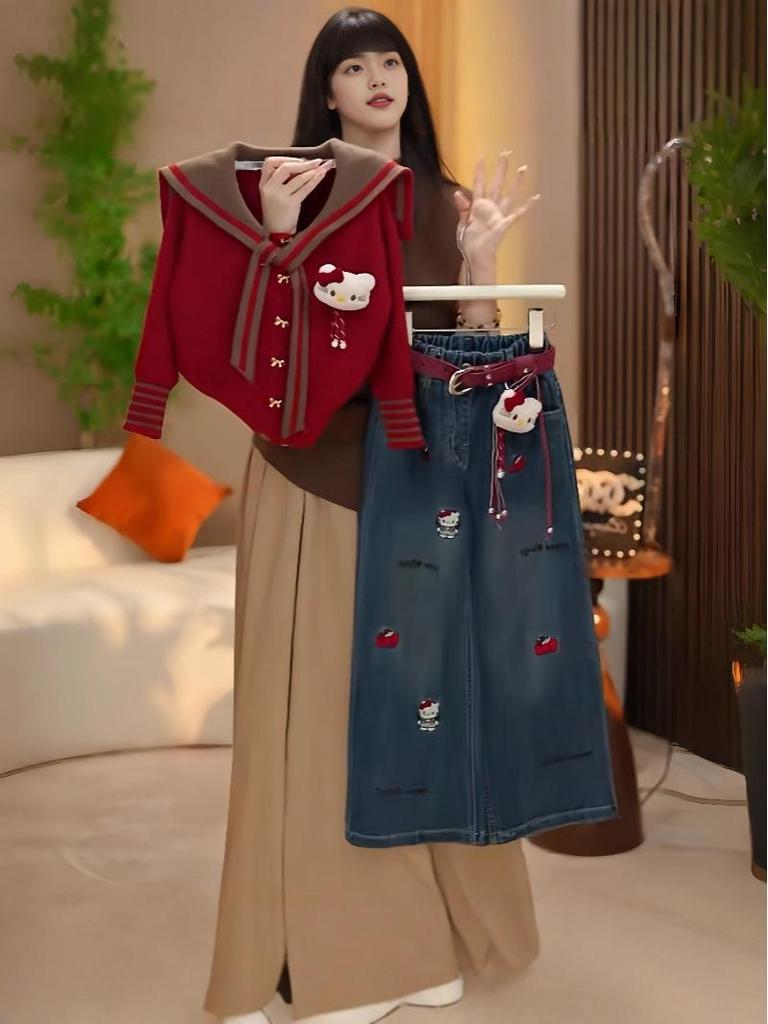 2025 Girls’ Korean Style Denim Two-Piece Set: Spring & Autumn Fashion with Casual Wide-Leg Pants