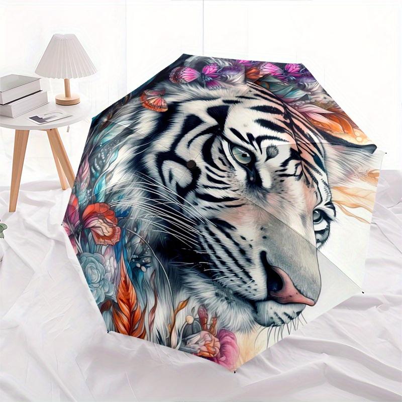 Tiger Flowers Theme 8 Bone Hand Automatic Folding Umbrella, Compact and Portable Design, A Perfect Gift for Birthday, Christmas or Business