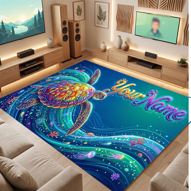 Octopus Sea Life Theme Crystal Velvet Floor Rug Personalized Custom Name Text Warm Carpet Home Decoration