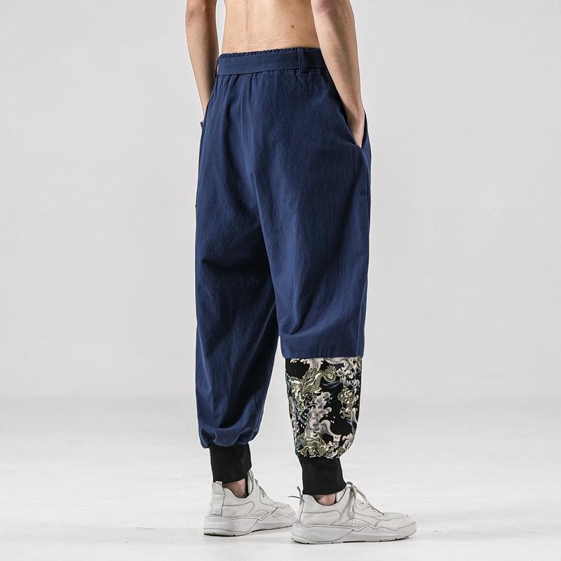 Autumn Men Linen Harem Pants Mens Vintage Chinese Style Trousers Man Streetwear Pants Male Print Crotch Pant