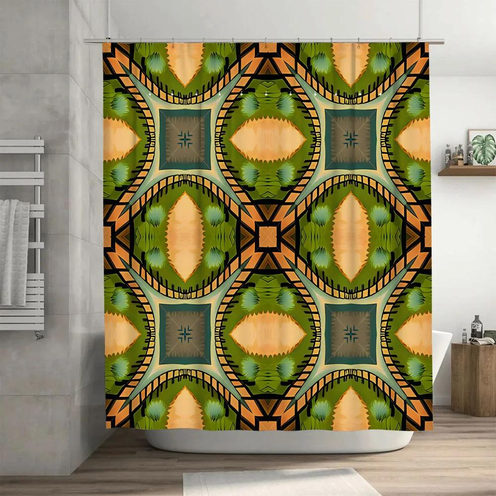 Modern Geometric Shower Curtain Decor With Symmetrical Patterns Orange Green Blue Waterproof Fabric For Bathrooms