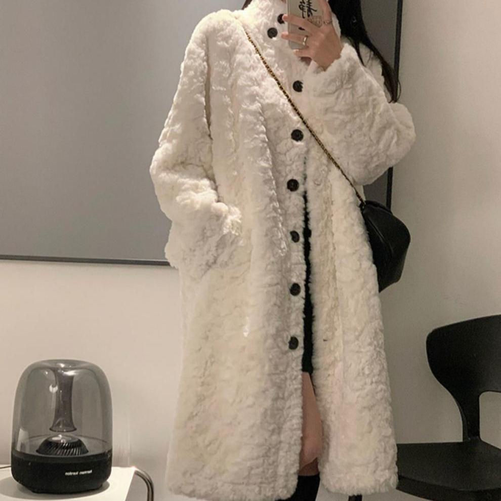 Lammullkappa Dam Lång kappa Knälång Varm kappa Imitation Kaninpäls Läder Tjock och Lös Stående Krage Vinter Bomullskappa