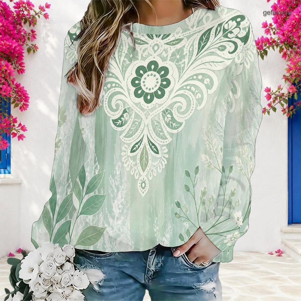 Women Plus Size Teal Floral Printed Round Neck Long Sleeve Pullover Sweatshirt