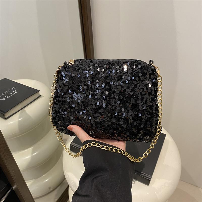 Black And White Sparkly Underarm Bag Women 2024 New Spring Nightclub Chain Small Square Bag Street Fashion