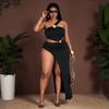 Grote maat dames zwarte one-shoulder holle jurk asymmetrisch design hoge split sexy party avondjurk jurk D