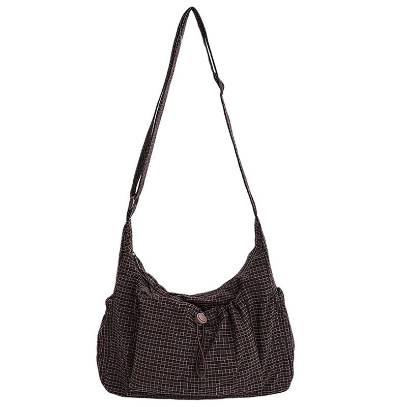 Korean Style Plaid Casual Shoulder Bag, Lightweight Checkered Crossbody Bag With Adjustable Strap, Cotton Quilted Fabric Handbag