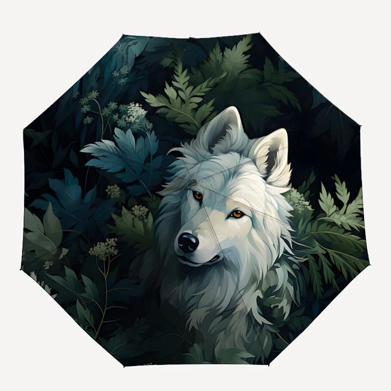 1pc White Wolf in the Enchanted Forest Automatic Opening and Closing Umbrella - Lightweight 3-Fold Design, Suitable for Fans, Travel, Daily Use,