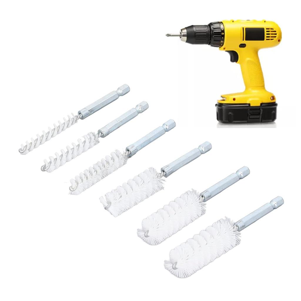 Bore Cleaning Brush Set, 6 Pieces with 1/4in Hex Shank, Wire Brush for Drill or Impact Driver (Nylon, White)