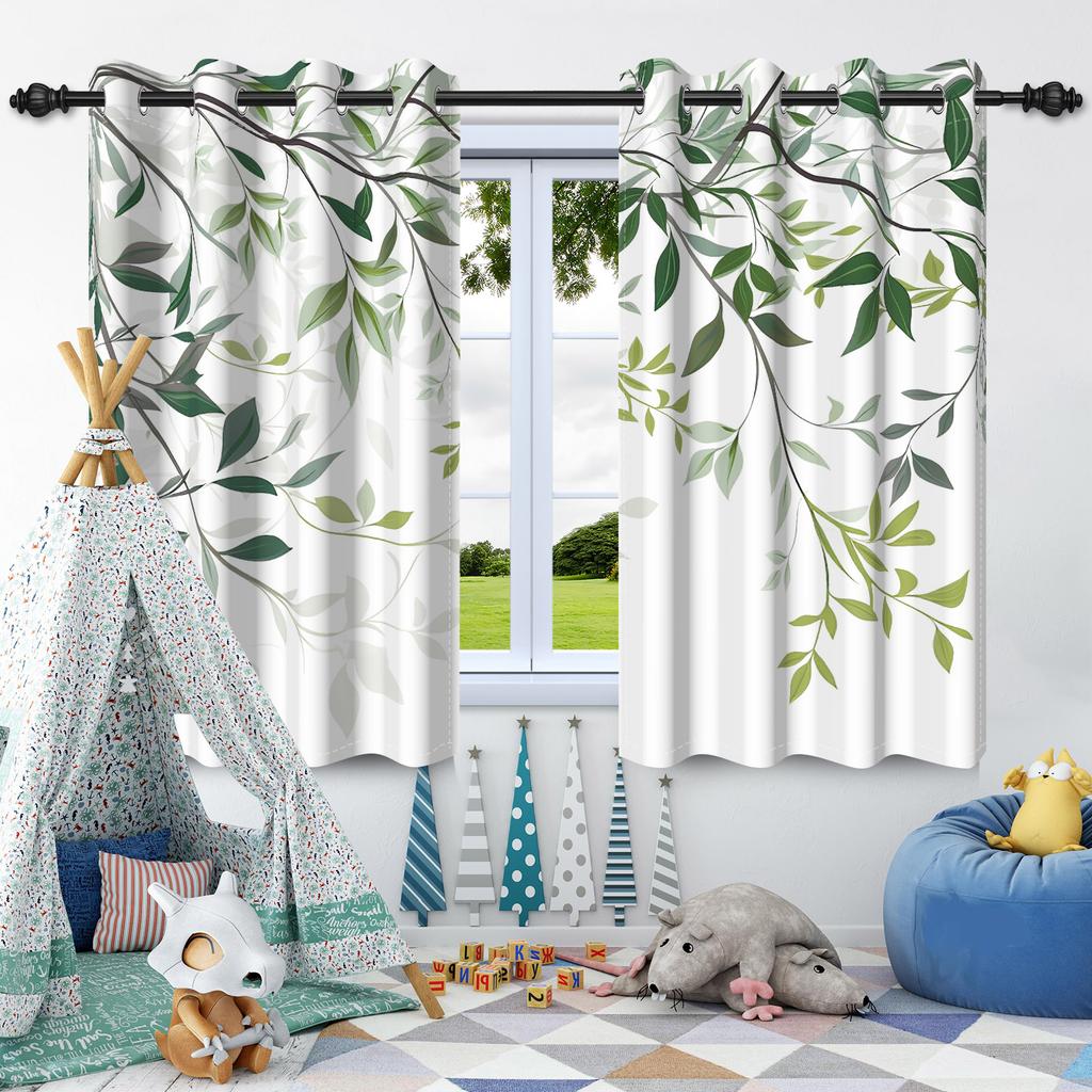 Green Plants Leaves Window Curtain Bedroom Living Room Blackout Curtain Morden Home Decoration Heat Insulation Noise Reduction