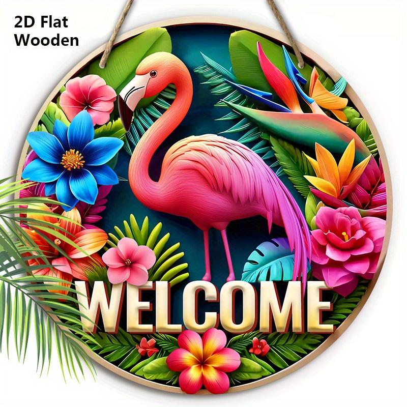 Charming Wooden Welcome Sign with Flamingo Pattern - Rustic Decorative Plaque for Porch & Garden - Ideal for Summer Home Decor