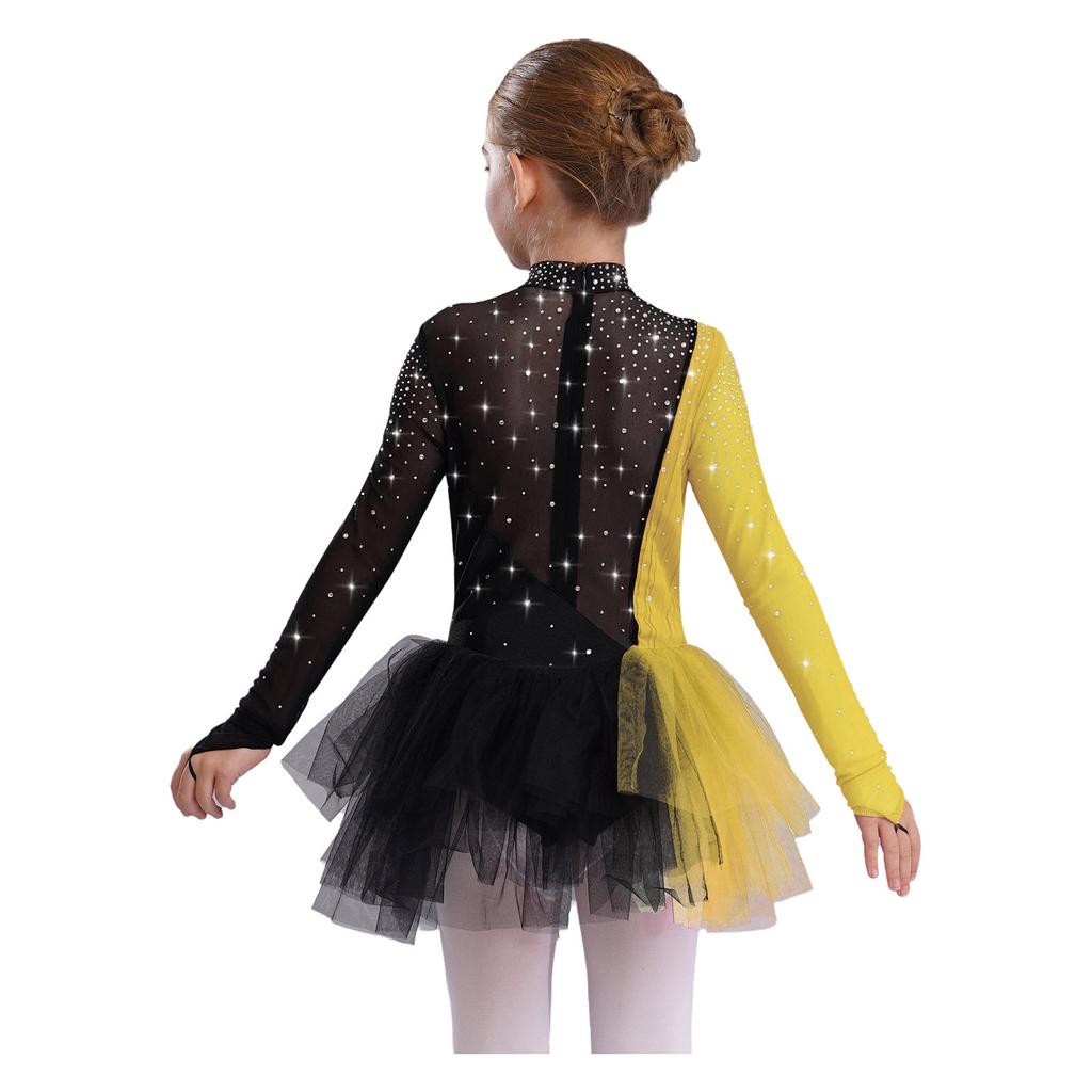 Girls Figure Skating Dress Long Sleeve Sparkling Rhinestones Color Block Patchwork Stage Performance Costume