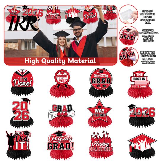 Waterproof Graduation Decorations 12Pcs 2026 Honeycomb Decor 3D Centerpieces for Commencement Party Red & Stars And Badges Black Theme