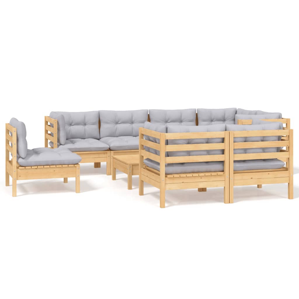 Vidaxl 9-Cz. Garden Lounge Set, Grey Cushions, Pine