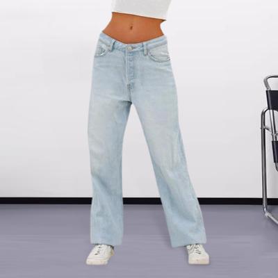 Women Jeans High Waist Pockets Zipper Button Closure Gradient Color Retro Wide Leg Loose Colorfast Full Length