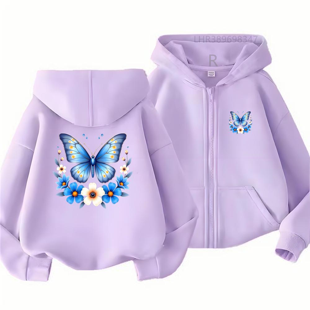 Butterfly Flower Girl Pink Hoodie Zip Up Cardigan Tops Black Hoodies 3-12 Year Zipper Style Children Red Autumn Coat