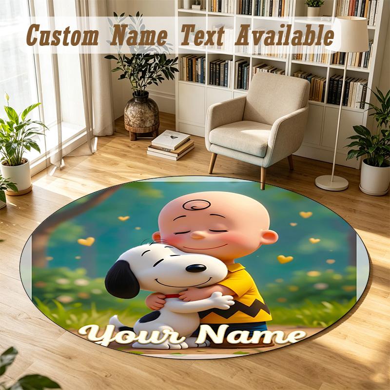 Snoopy Peanuts Personalized Round Rug Support Custom Name, Soft Home Decor Mat
