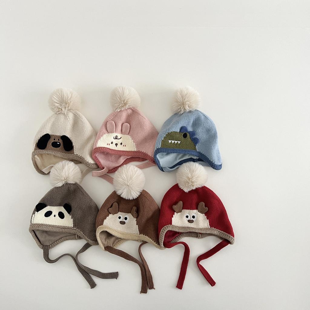 Kids Cartoon Earflap Beanie Winter Windproof Warm Knit Hat With Chin Strap For Boys Girls Outdoor Cute Baby Cap