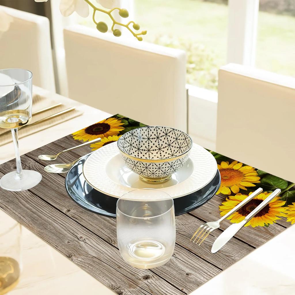 4PC 30x45CM Sunflower Wood Grain Placemats Stain Resistant Linen Table Placemats Summer Seasonal Kitchen Party Decor