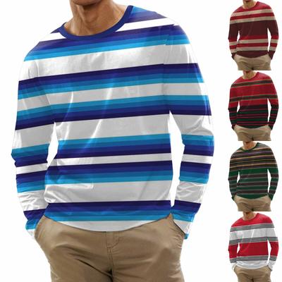 Men's Fashion Casual Stripe Printed Long Sleeve O-Neck Shirts Tops Blouse