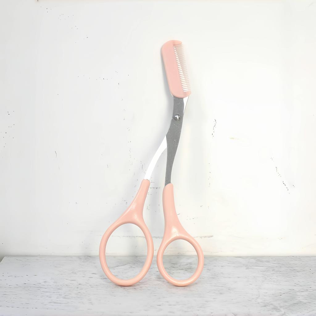 Stainless Steel Precision Eyebrow Scissors with Built-in Comb, Manual Grooming Tool, Compact & Portable, Plastic Handle