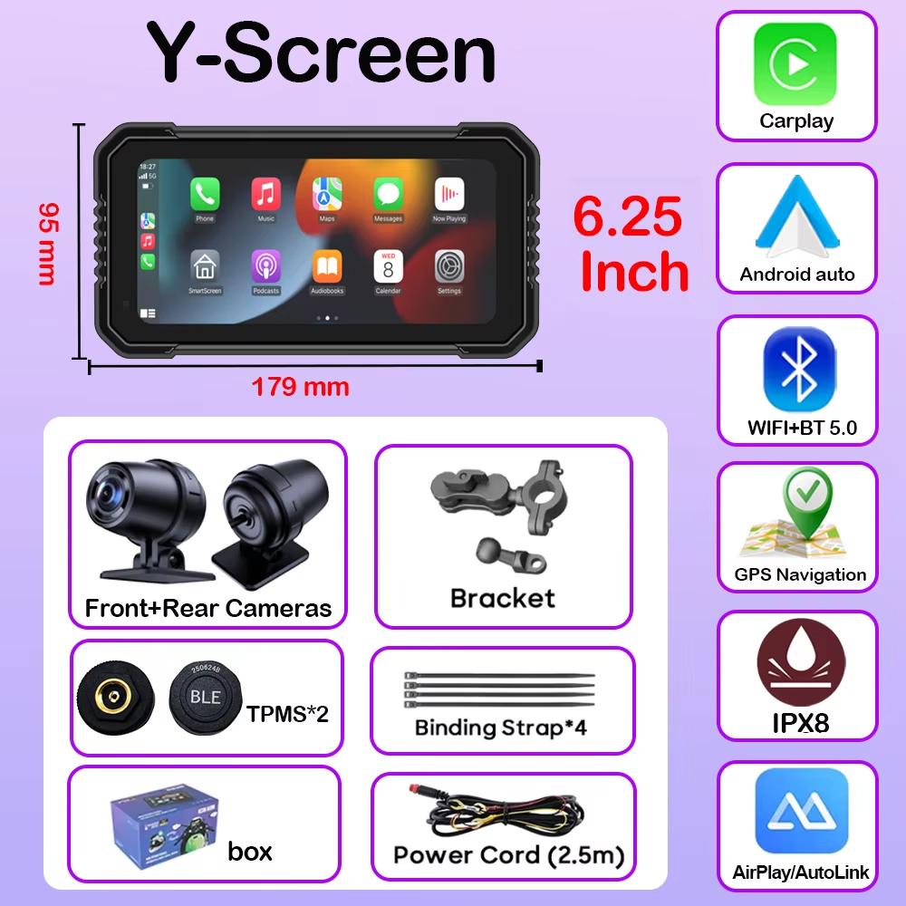 6.25 Inch Motorcycle Navigation Screen Wireless CarPlay Android Auto Motorcycle GPS Motor Dual  DVR Monitor AMP TPMS Optional