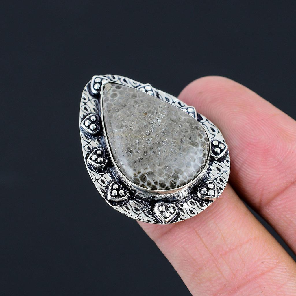 Natural Stingray Coral Gemstone 925 Silver Stackable Ring Size 6 For Women