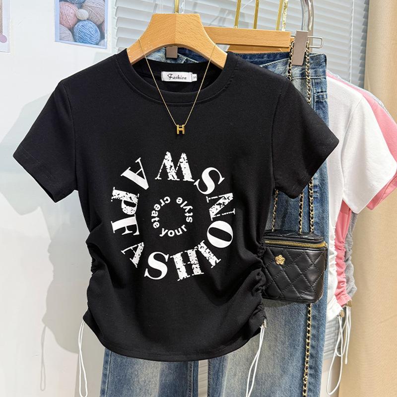 White Letter Short-sleeved T-shirt Women's Summer Design Sense Drawstring Front Shoulder Short Half-sleeved Korean Version Foreign Style Top
