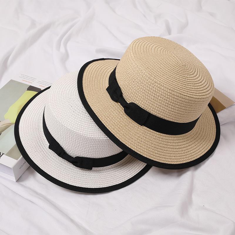 Summer new hat women's small fresh top hat bow flat top hemming straw hat outdoor sunshade sun protection beach hat